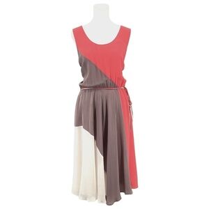 Caroll Colorblock Silk Dress, Coral/Taupe/Ivory, Size 42